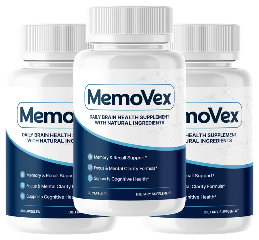 Three bottles of MemoVex daily brain health capsules